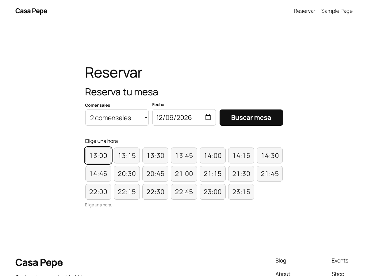 Formulario de reserva de Mesabook: comensales, fecha y las horas disponibles