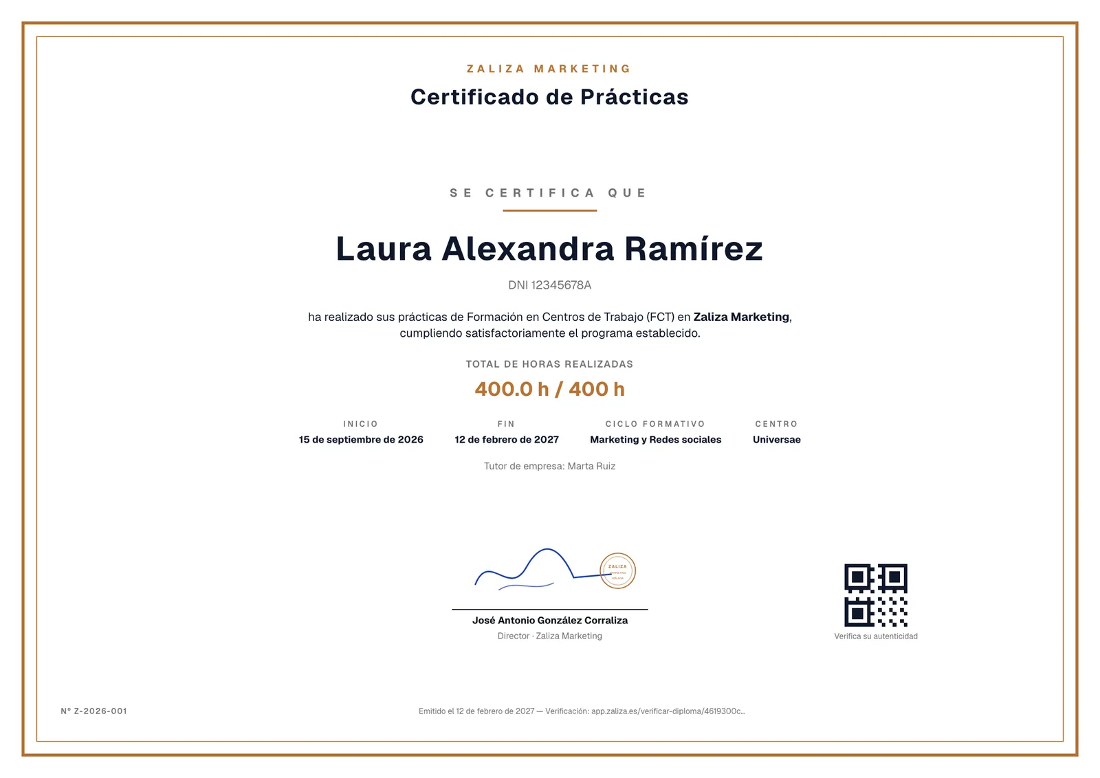 Certificato di tirocinio di Zaliza Marketing con il nome della studentessa, 400 ore svolte, le date, il percorso, la firma e un codice QR di verifica