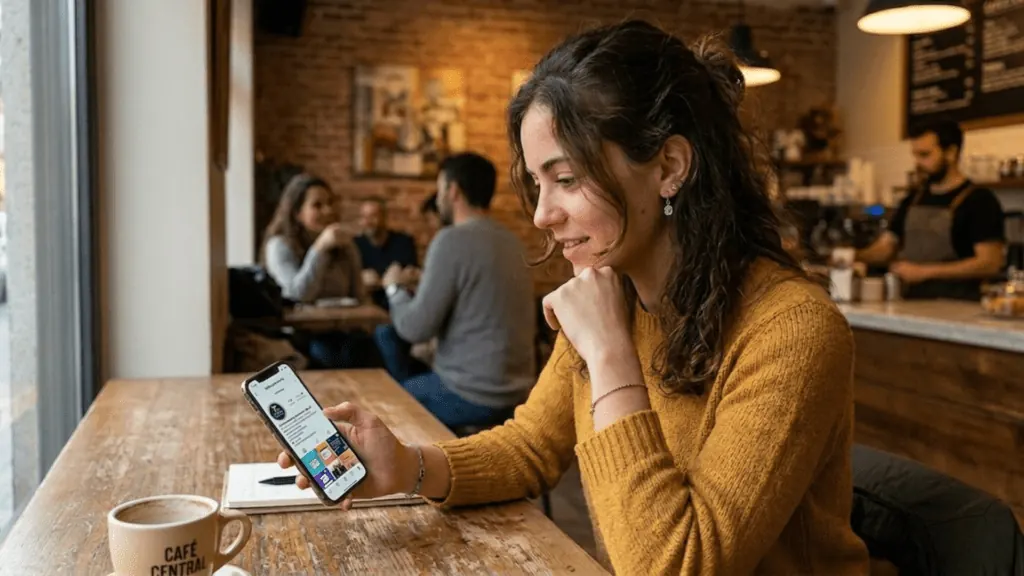 Una clienta mirando las redes sociales de un negocio en el móvil